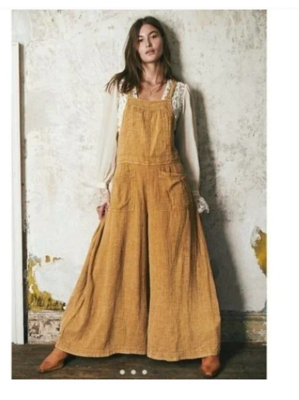 Free People Cyprus Ave Overalls in a golden mustard Wide Leg Cotton Gauze